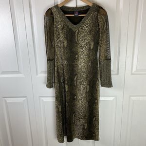 Anac by Kimi S Mesh Dress V-Neck Art To Wear Artsy Snake Long Sleeve Sheath Knee
